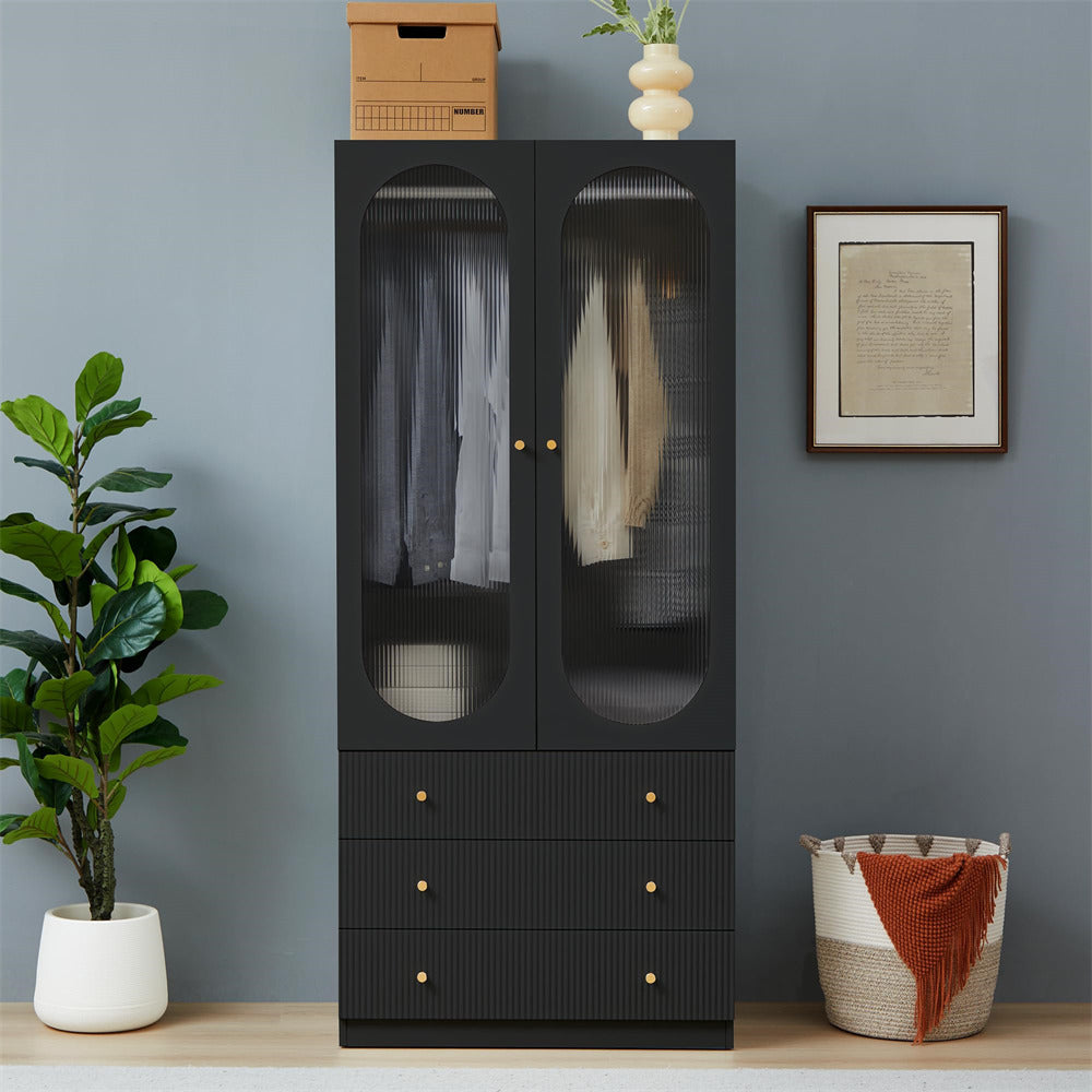 Black 70" H Wardrobe Closet with 2 Glass Doors and 3 Fluted Drawers