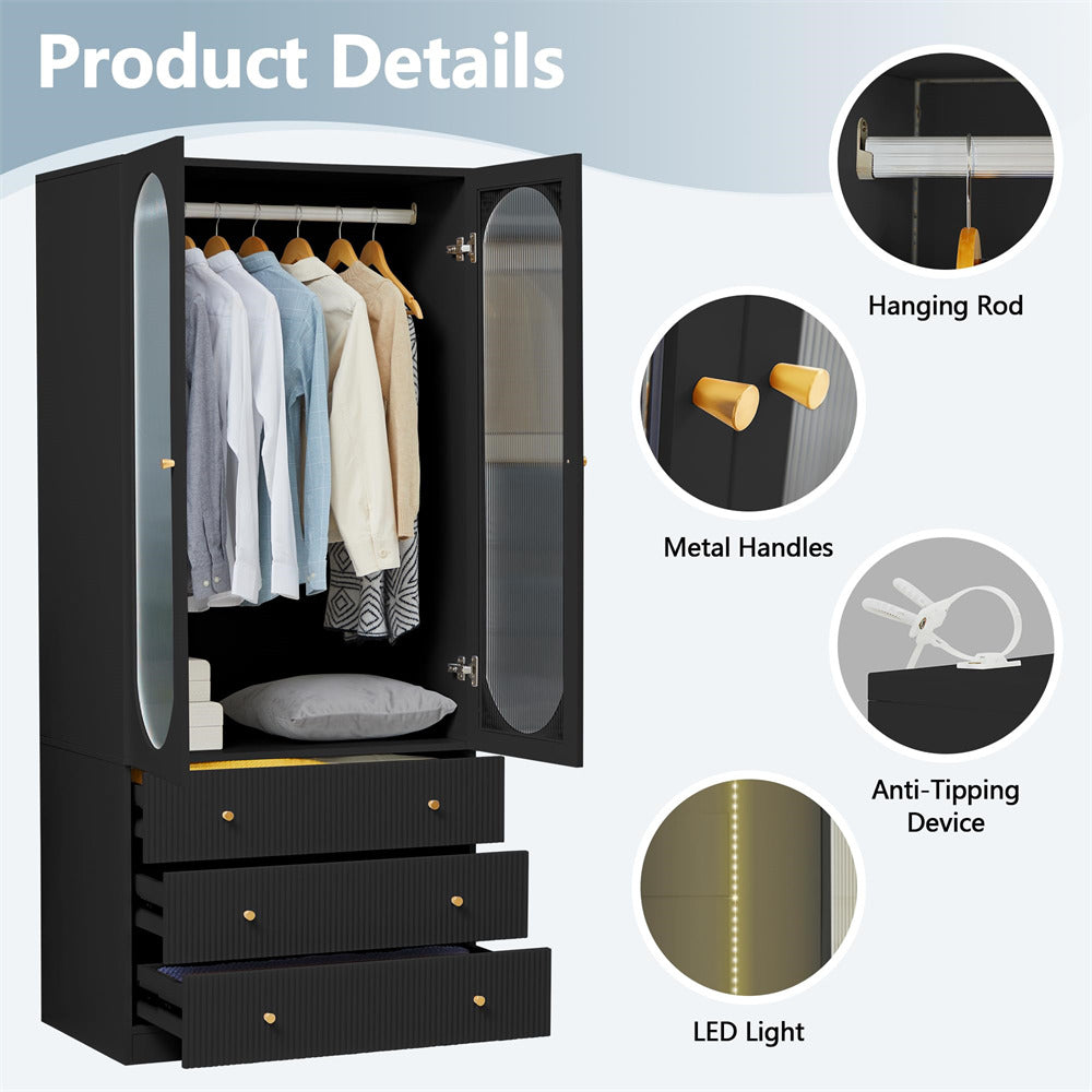Black 70" H Wardrobe Closet with 2 Glass Doors and 3 Fluted Drawers