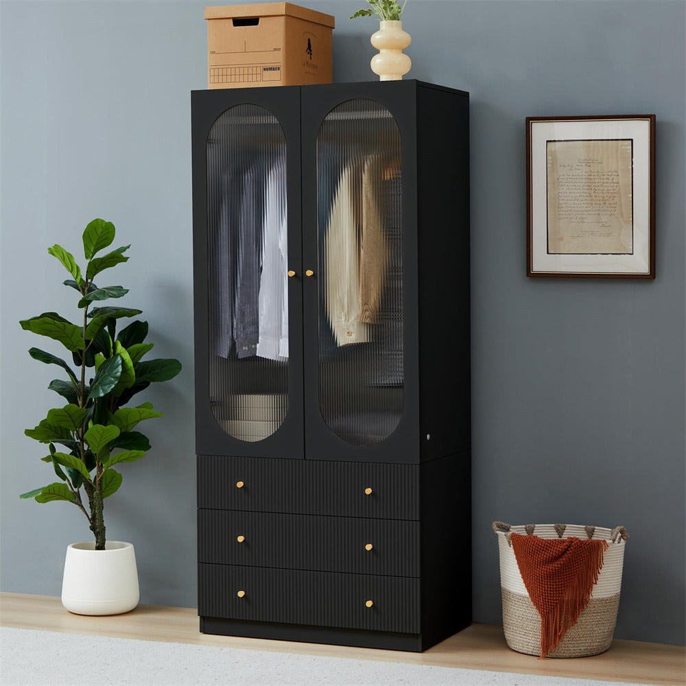 Black 70" H Wardrobe Closet with 2 Glass Doors and 3 Fluted Drawers