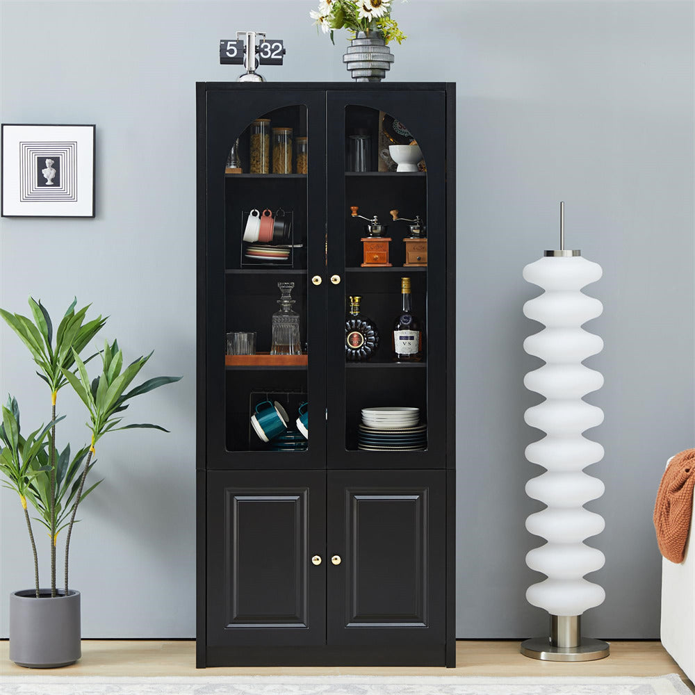 Black 70" Pantry Storage Cabinet with Adjustable Shelves and LED Light Strip