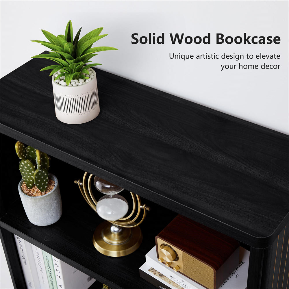 Solid wood bookcase with decorative items on a white background