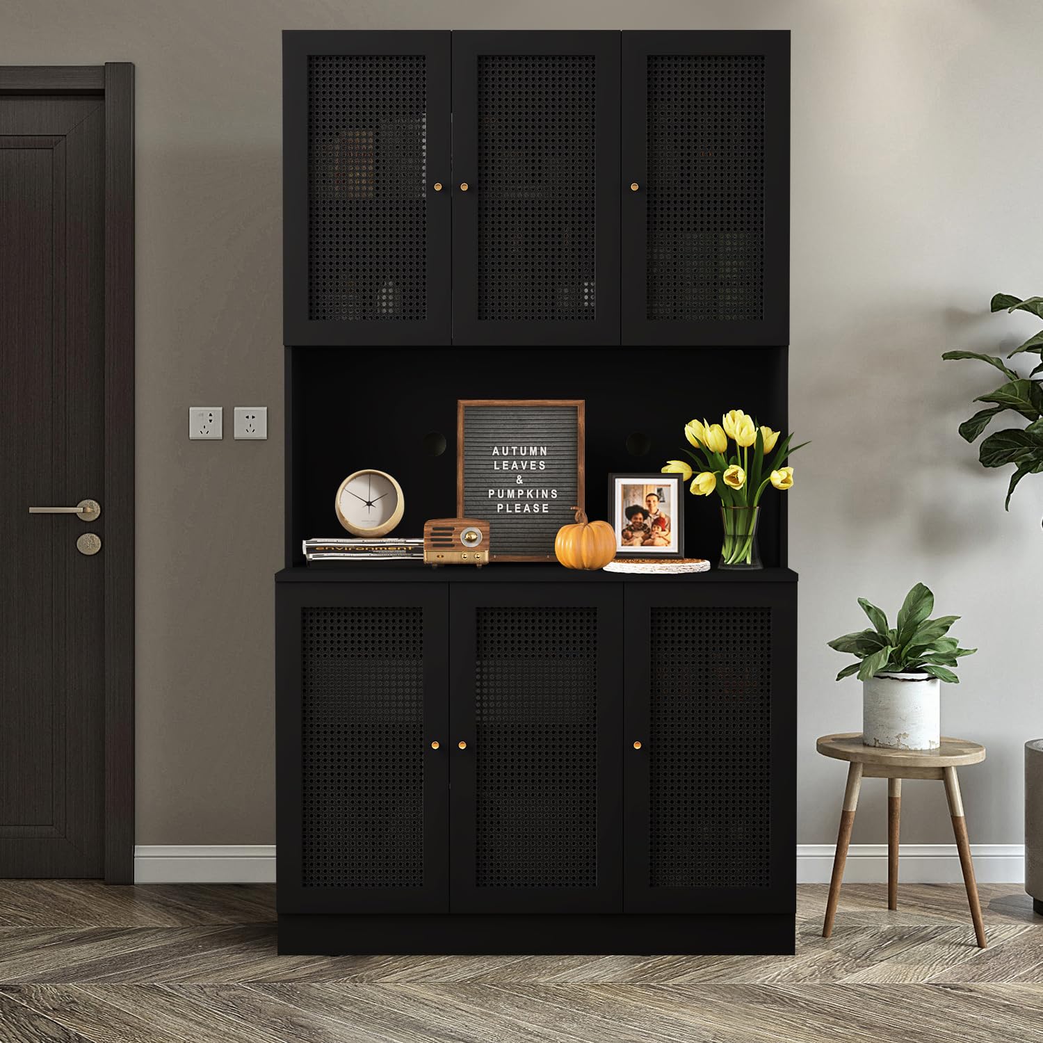 Black 70"Tall Freestanding Metal Rattan Cabinet Kitchen Pantry Cabinet with 6 Doors