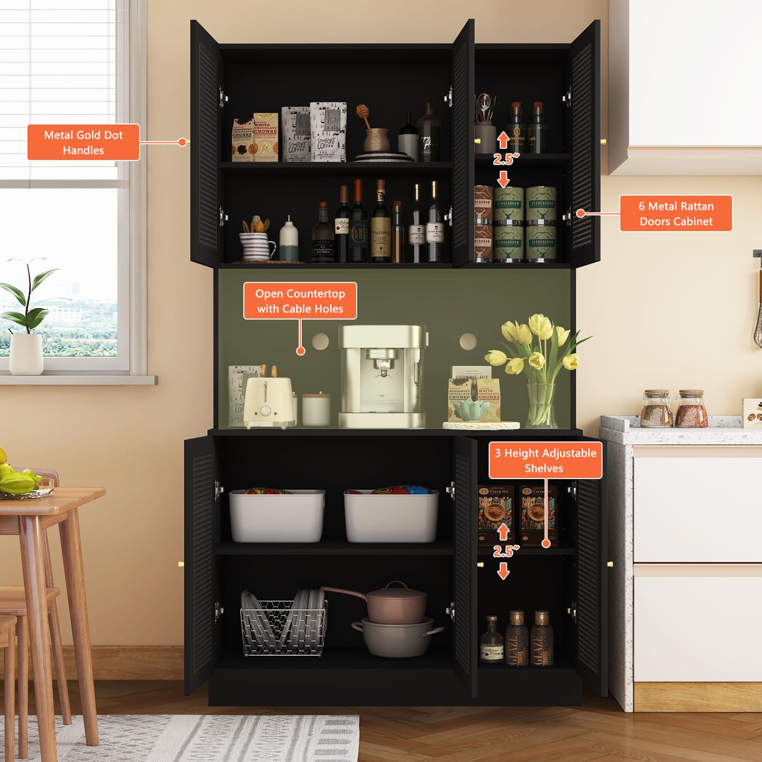 Black 70"Tall Freestanding Metal Rattan Cabinet Kitchen Pantry Cabinet with 6 Doors