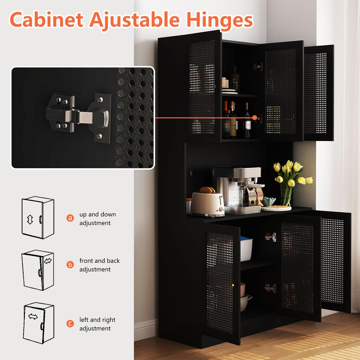 Black 70"Tall Freestanding Metal Rattan Cabinet Kitchen Pantry Cabinet with 6 Doors