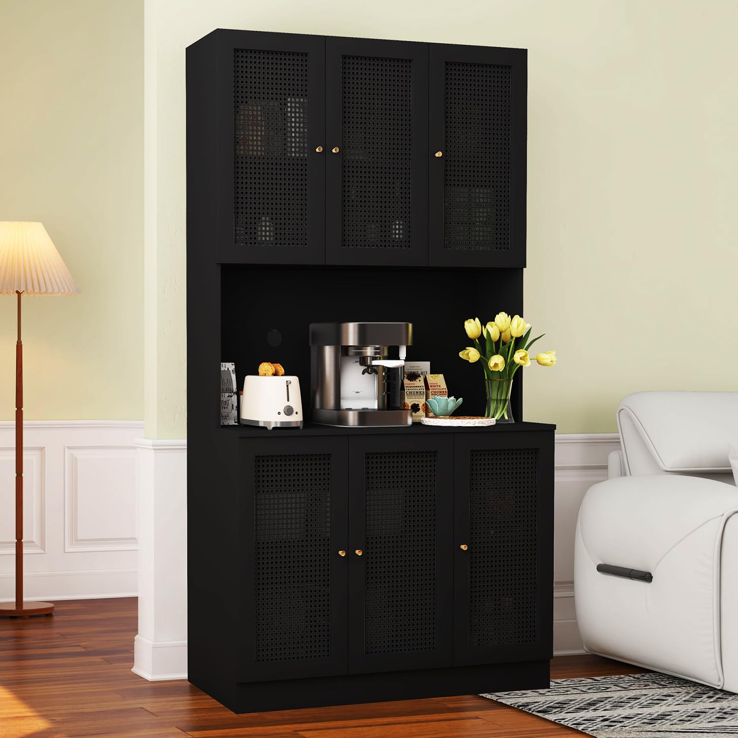 Black 70"Tall Freestanding Metal Rattan Cabinet Kitchen Pantry Cabinet with 6 Doors