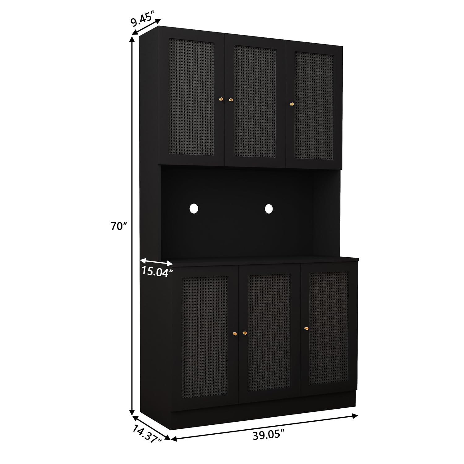 Black 70"Tall Freestanding Metal Rattan Cabinet Kitchen Pantry Cabinet with 6 Doors