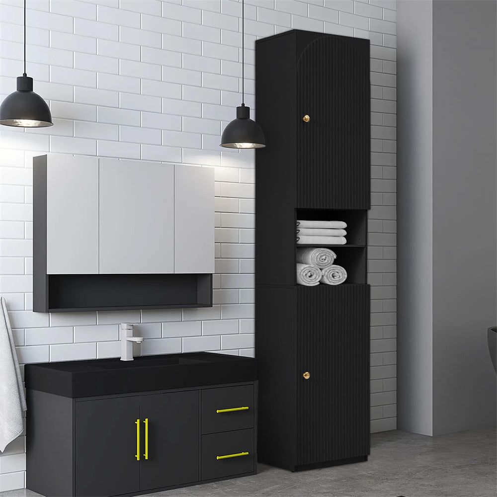 Black 70" Tall Freestanding Slim Bathroom Storage Cabinet with 2 Fluted Doors And 6 Tier Shelves