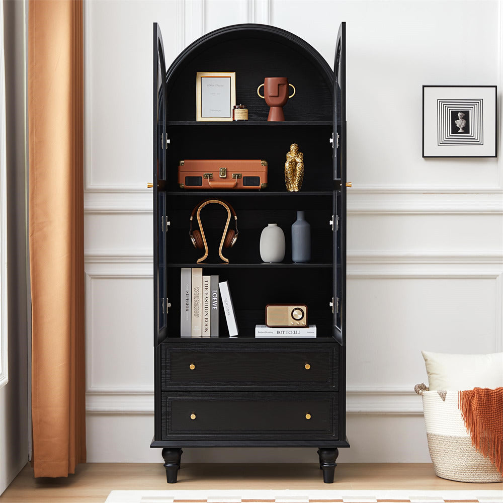 Black 71" Tall Arched Kitchen Pantry Cabinet 4-Tier Bookcase with 2 Large Drawers and Glass Doors