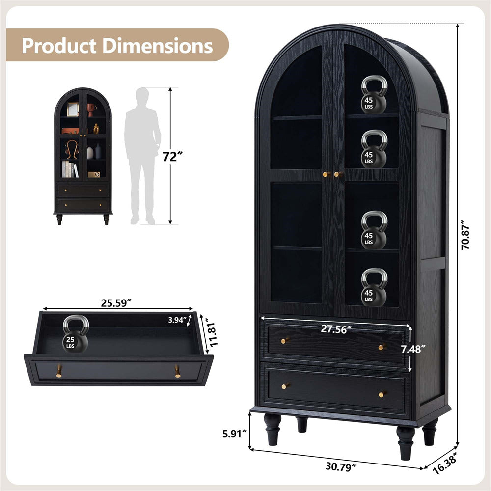 Black 71" Tall Arched Kitchen Pantry Cabinet 4-Tier Bookcase with 2 Large Drawers and Glass Doors