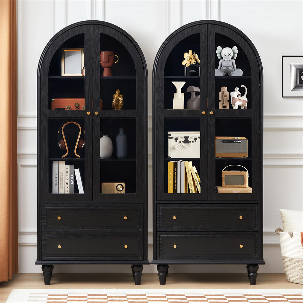 Black 71" Tall Arched Kitchen Pantry Cabinet 4-Tier Bookcase with 2 Large Drawers and Glass Doors