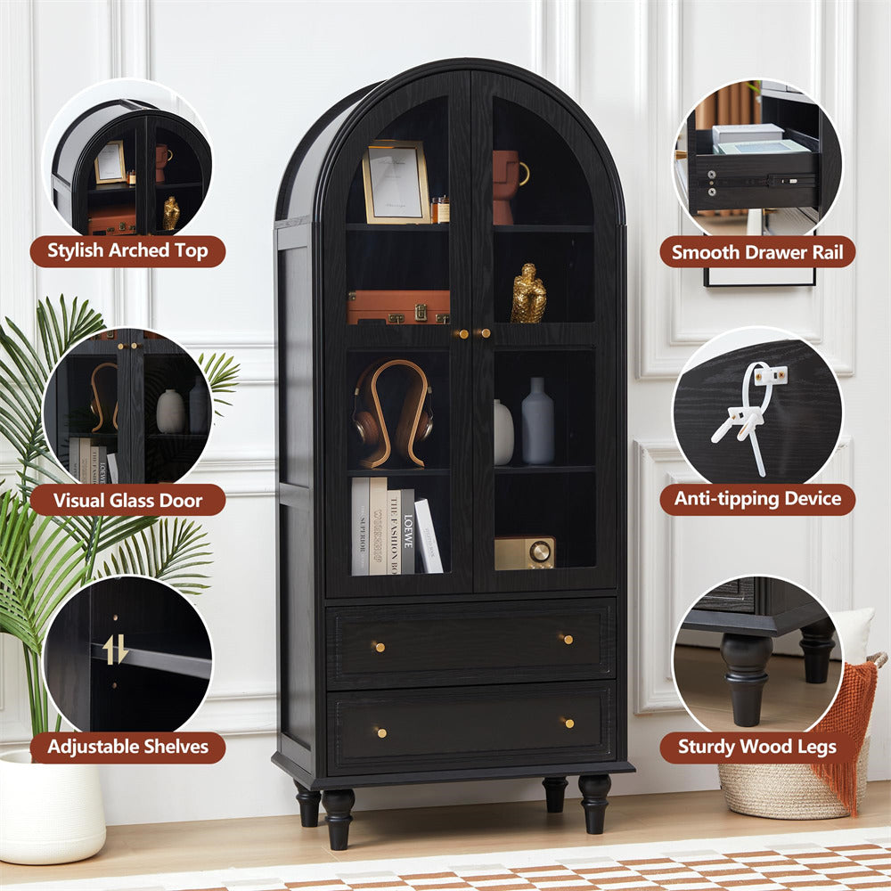 Black 71" Tall Arched Kitchen Pantry Cabinet 4-Tier Bookcase with 2 Large Drawers and Glass Doors