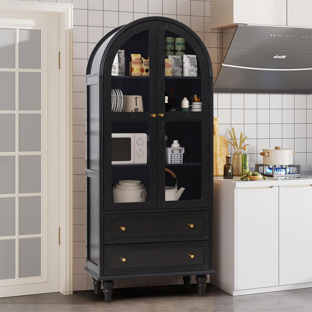 Black 71" Tall Arched Kitchen Pantry Cabinet 4-Tier Bookcase with 2 Large Drawers and Glass Doors