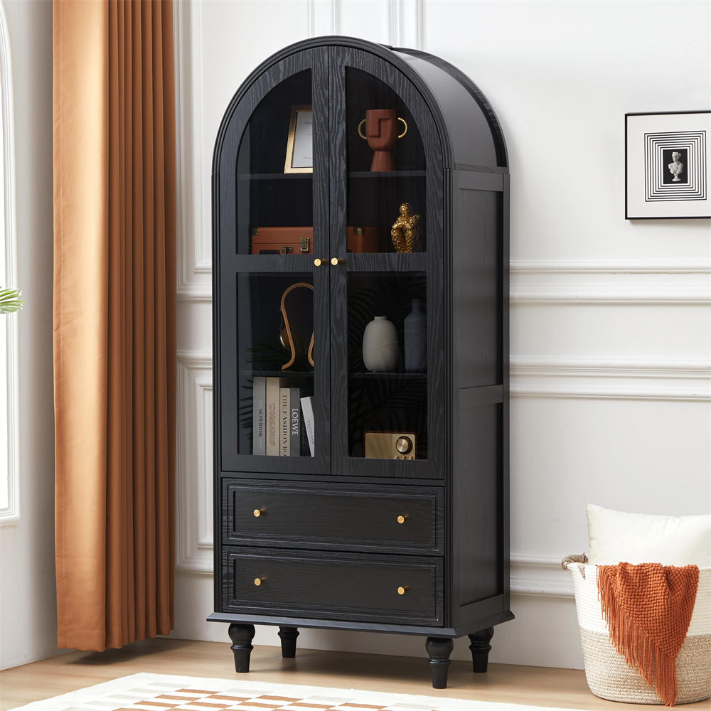 Black 71" Tall Arched Kitchen Pantry Cabinet 4-Tier Bookcase with 2 Large Drawers and Glass Doors