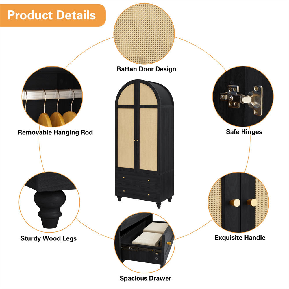 Black 74.8” Tall Wardrobe Storage Cabinet Rattan Freestanding Armoire with 2 Drawers and Hanging Rod