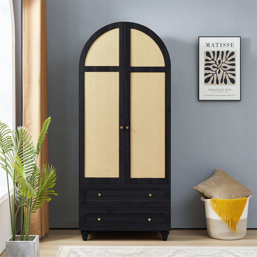 Black 74.8” Tall Wardrobe Storage Cabinet Rattan Freestanding Armoire with 2 Drawers and Hanging Rod