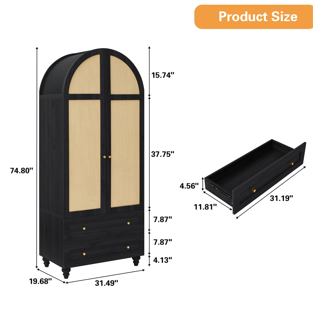 Black 74.8” Tall Wardrobe Storage Cabinet Rattan Freestanding Armoire with 2 Drawers and Hanging Rod