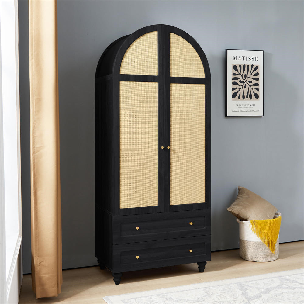 Black 74.8” Tall Wardrobe Storage Cabinet Rattan Freestanding Armoire with 2 Drawers and Hanging Rod