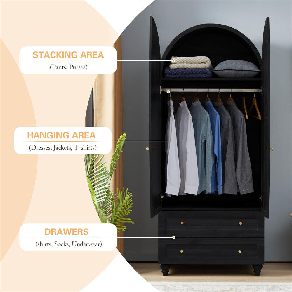 Black 74.8” Tall Wardrobe Storage Cabinet Rattan Freestanding Armoire with 2 Drawers and Hanging Rod