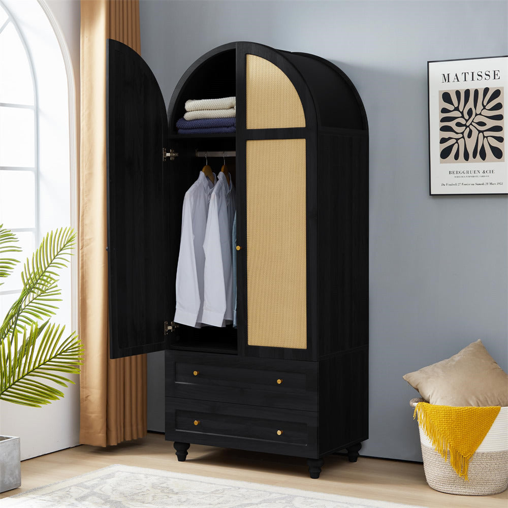 Black 74.8” Tall Wardrobe Storage Cabinet Rattan Freestanding Armoire with 2 Drawers and Hanging Rod