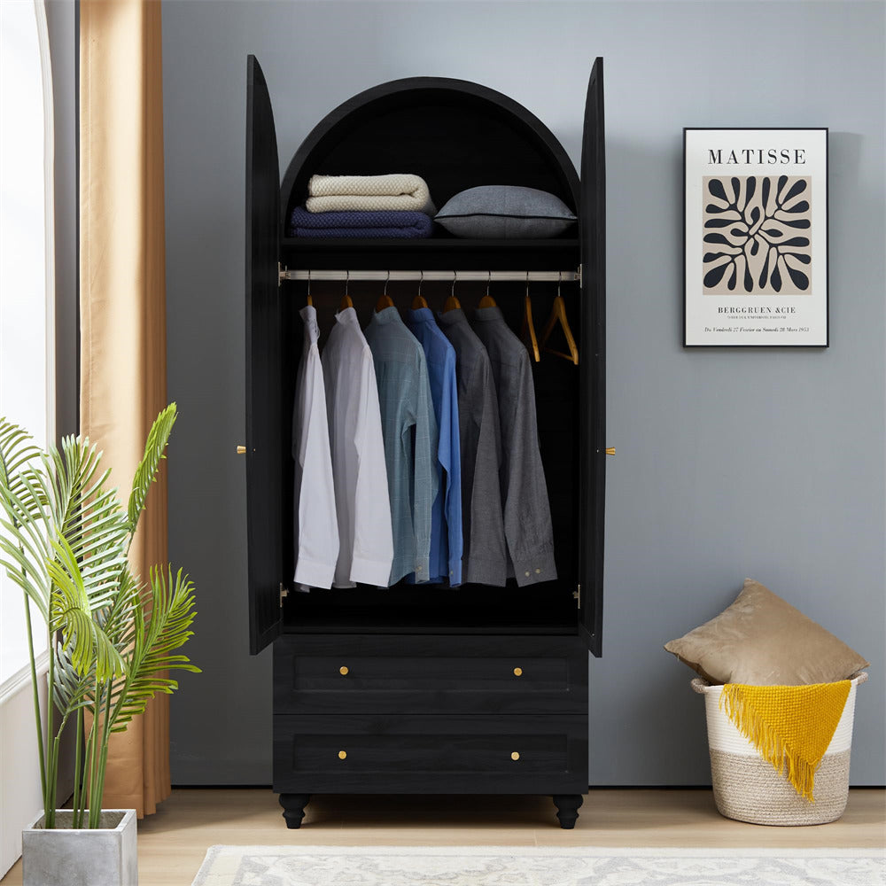 Black 74.8” Tall Wardrobe Storage Cabinet Rattan Freestanding Armoire with 2 Drawers and Hanging Rod