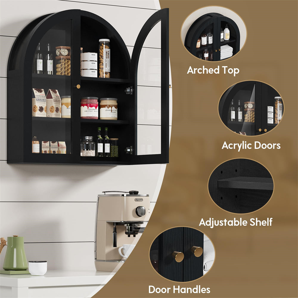 Black Arched Bathroom Wall Storage Cabinet with Adjustable Wood Shelf & Glass Doors