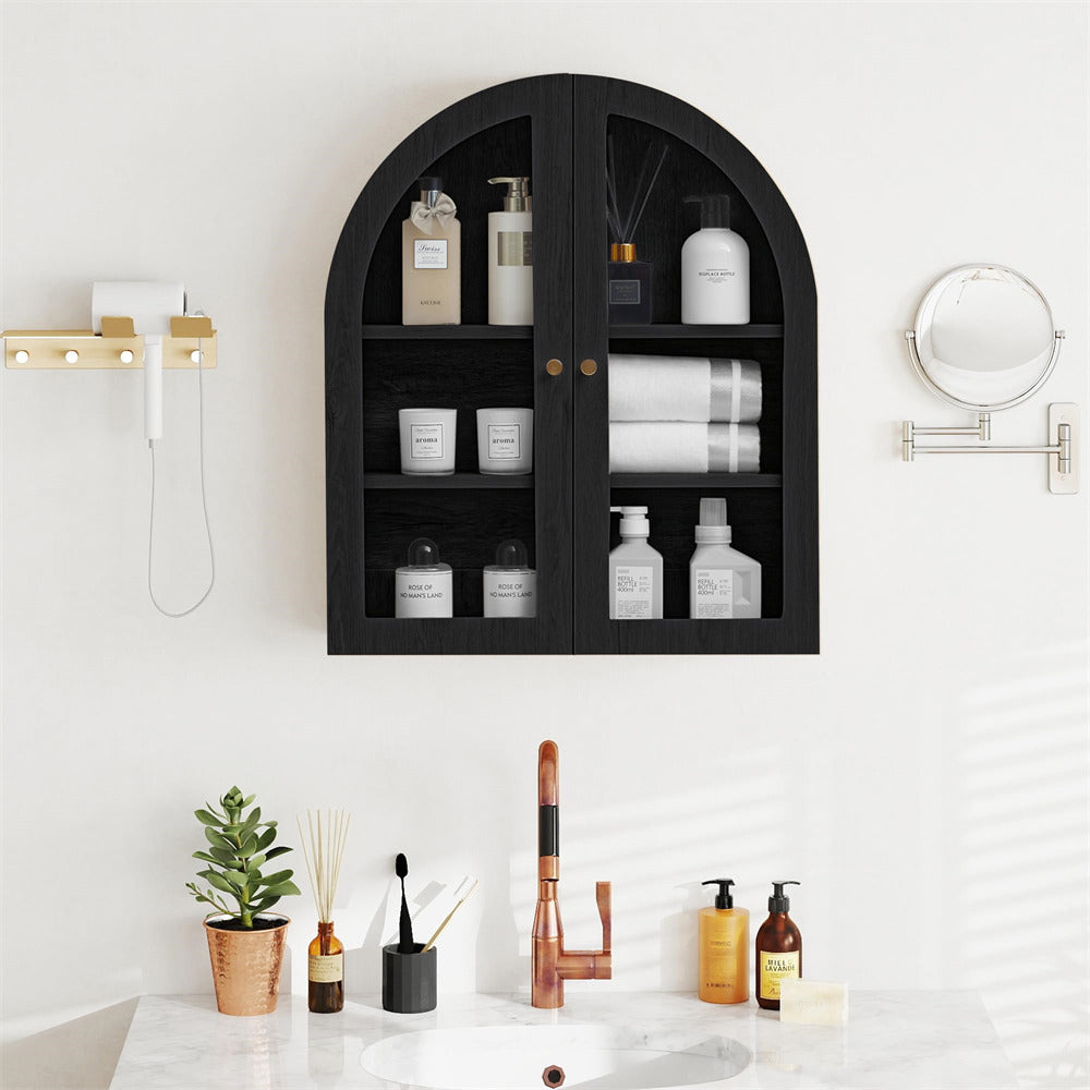 Black Arched Bathroom Wall Storage Cabinet with Adjustable Wood Shelf & Glass Doors