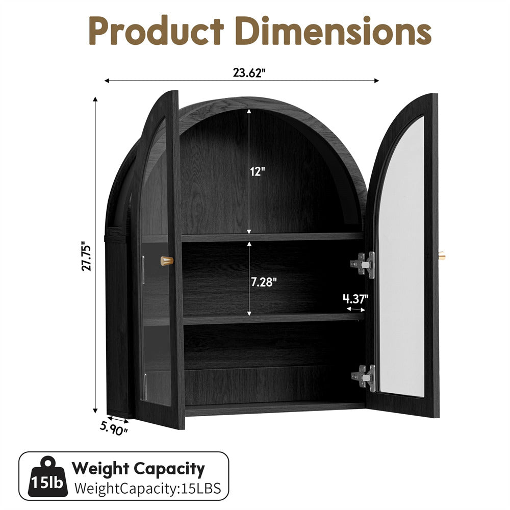 Black Arched Bathroom Wall Storage Cabinet with Adjustable Wood Shelf & Glass Doors
