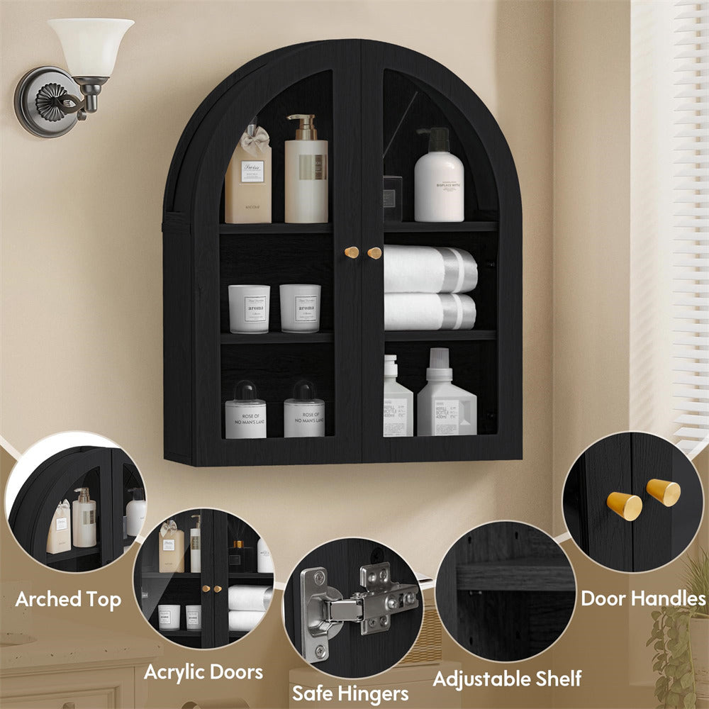 Black Arched Bathroom Wall Storage Cabinet with Adjustable Wood Shelf & Glass Doors