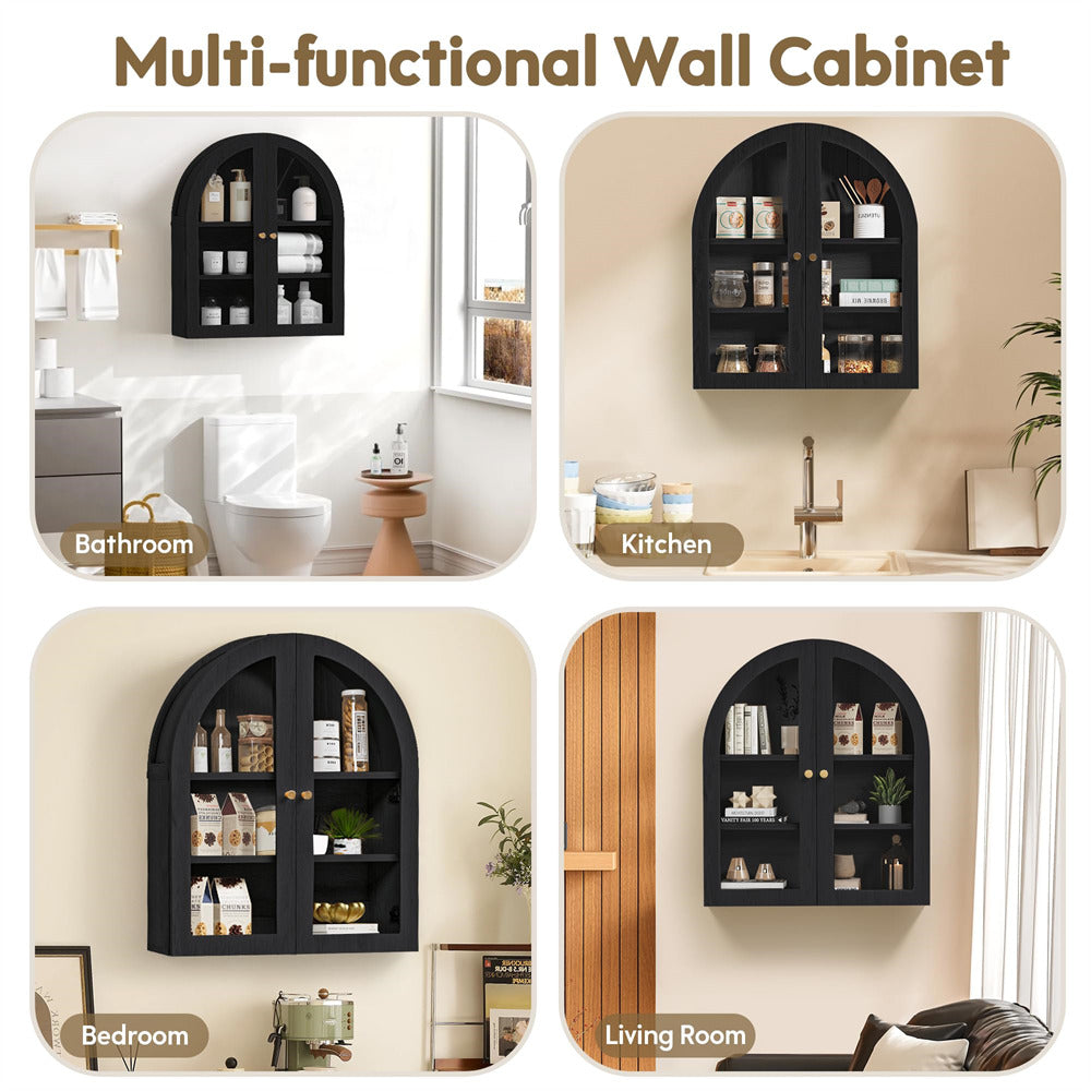 Black Arched Bathroom Wall Storage Cabinet with Adjustable Wood Shelf & Glass Doors