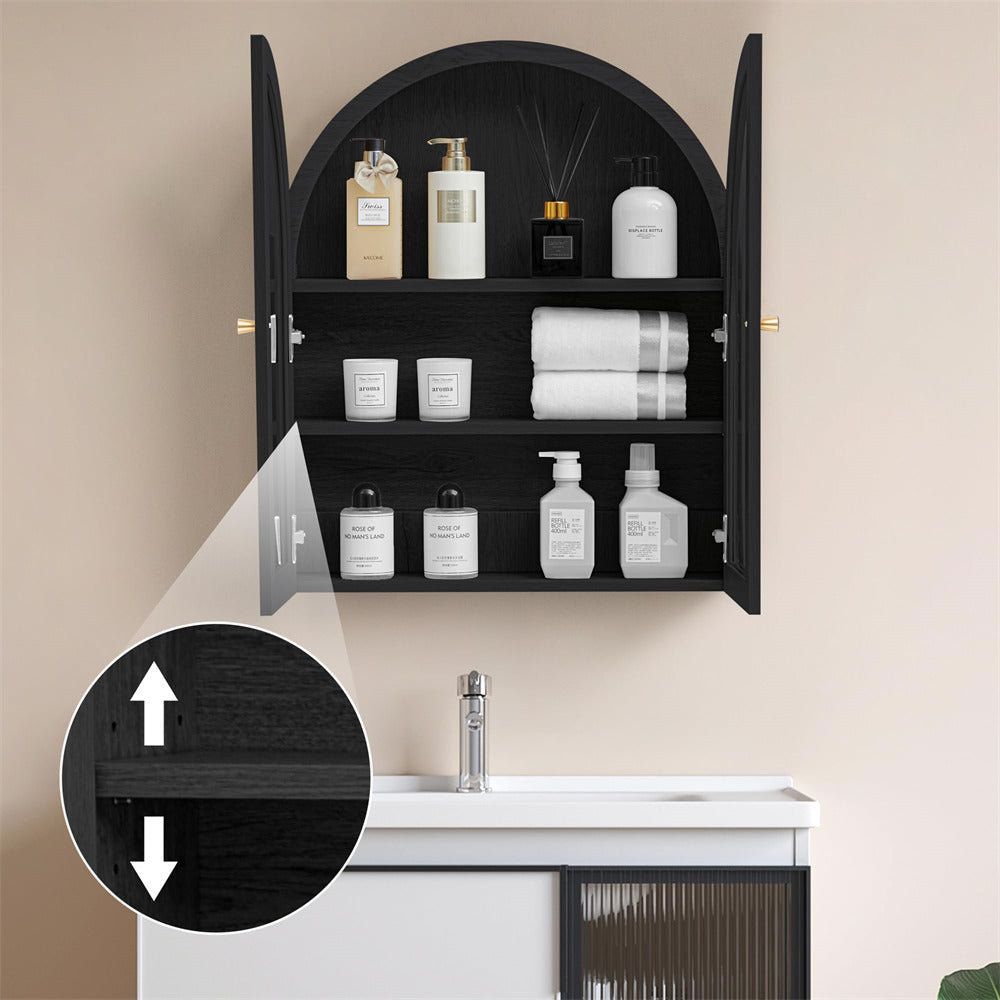 Black Arched Bathroom Wall Storage Cabinet with Adjustable Wood Shelf & Glass Doors