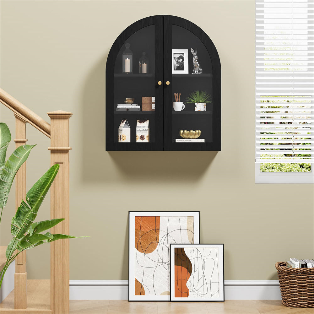 Black Arched Bathroom Wall Storage Cabinet with Adjustable Wood Shelf & Glass Doors