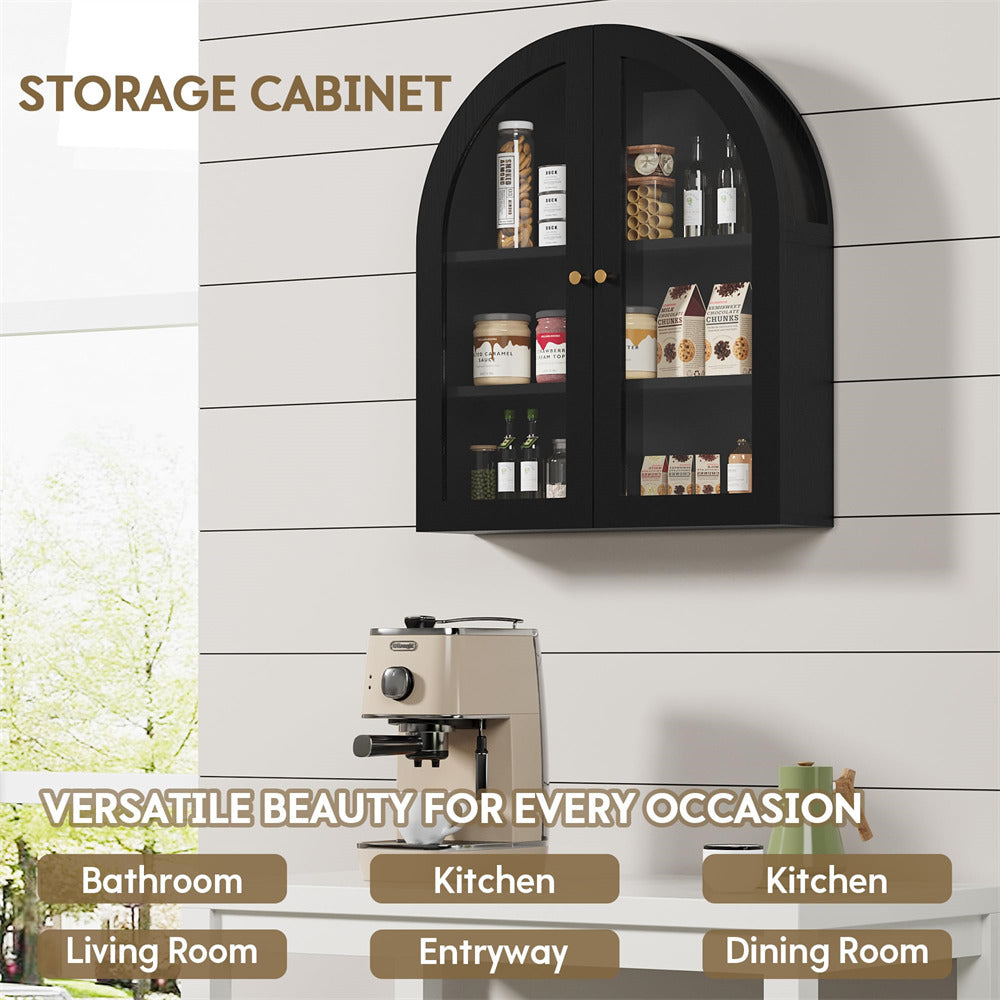 Black Arched Bathroom Wall Storage Cabinet with Adjustable Wood Shelf & Glass Doors