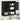 Black wall-mounted cabinet with open doors displaying bathroom products against a white wooden panel wall.