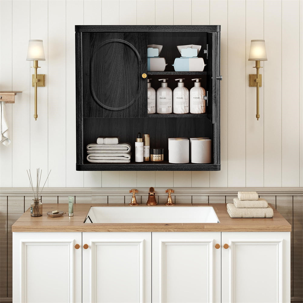 Bathroom with open cabinet displaying toiletries, sink, and towels.