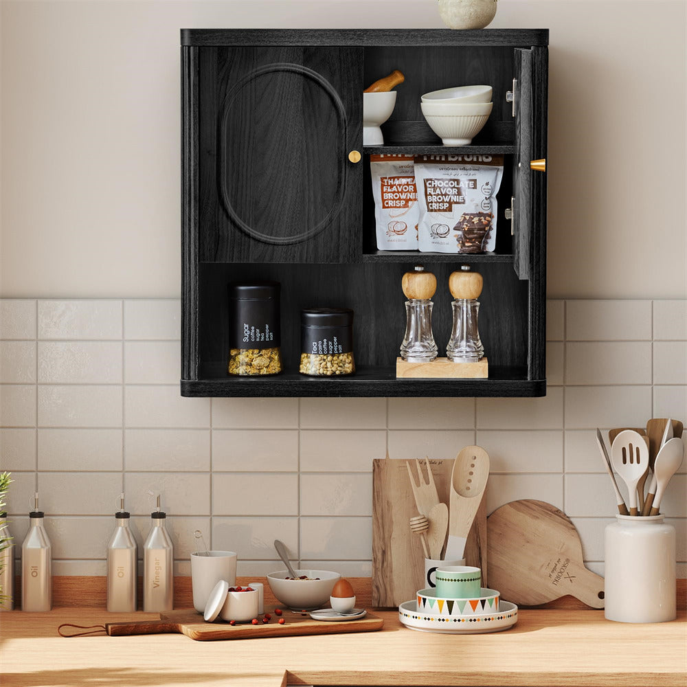 Black wall-mounted cabinet with kitchen items on a tiled wall background