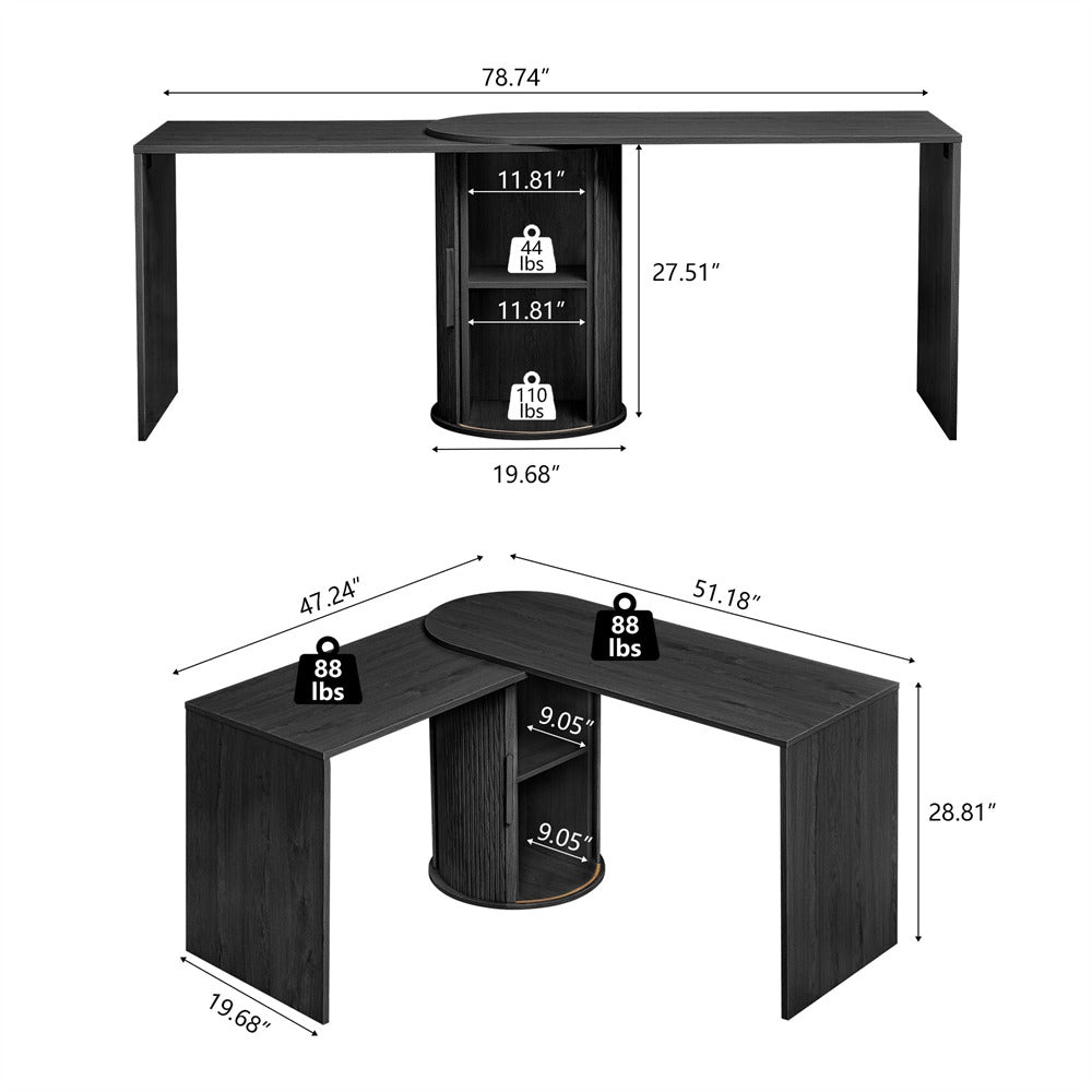 Black L-shaped desk with measurements on a white background