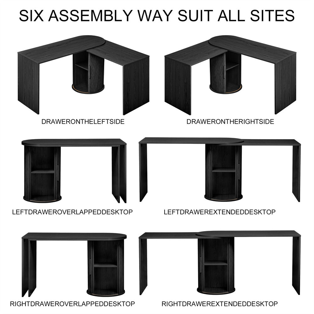 Black corner desk with various assembly options on a white background