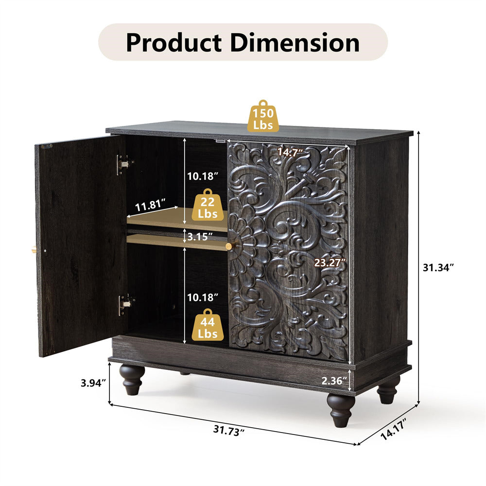 Black Classic Carved Storage Cabinet Sideboard Buffet with Adjustable Shelves