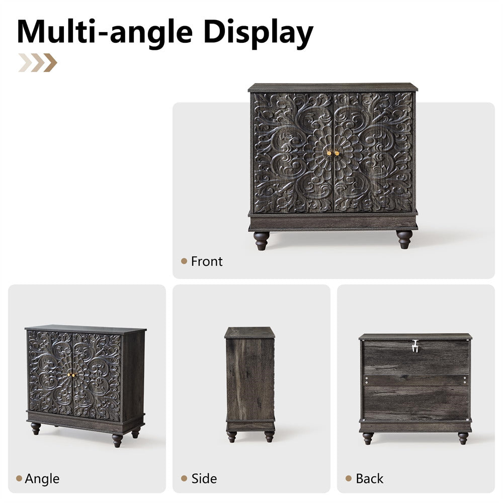Black Classic Carved Storage Cabinet Sideboard Buffet with Adjustable Shelves