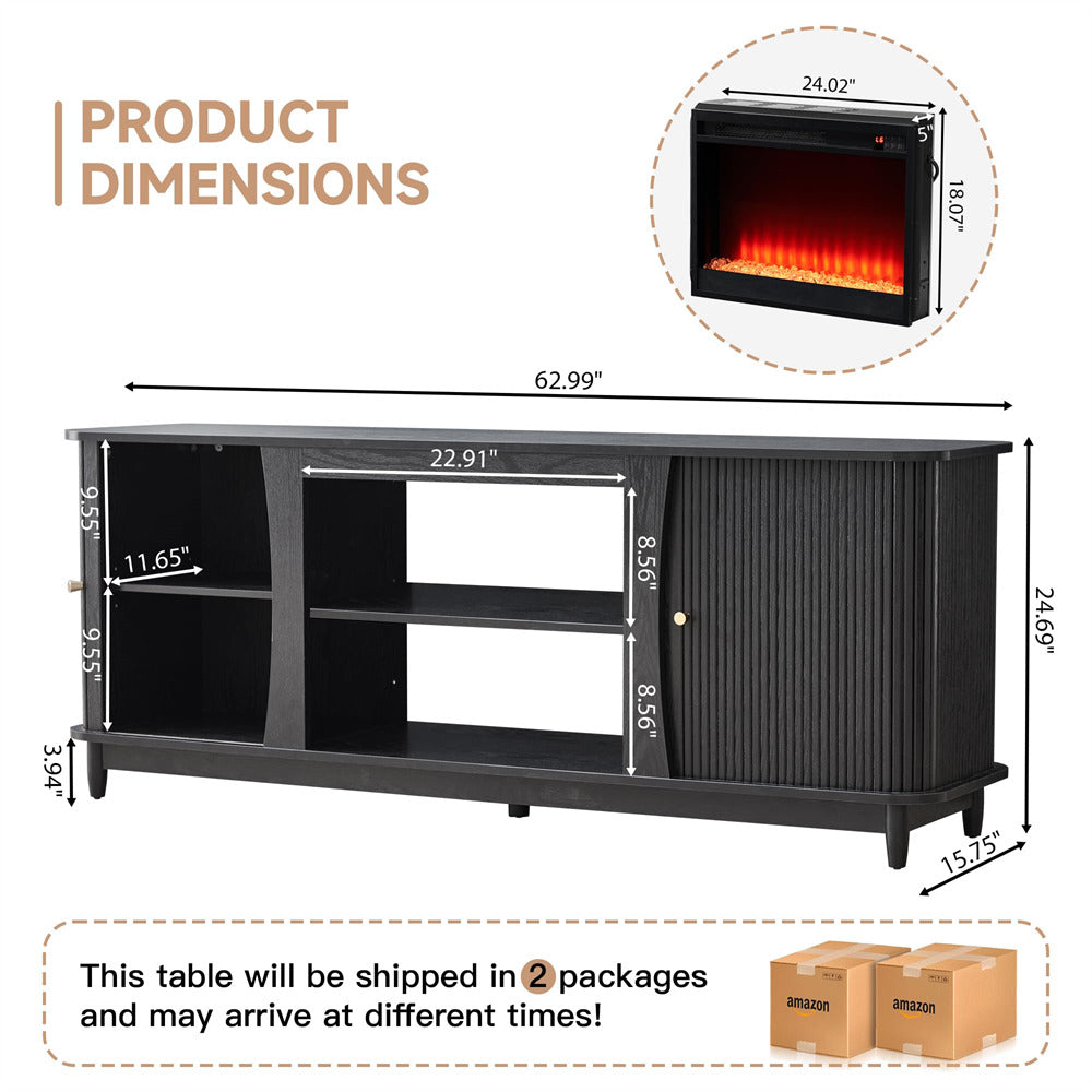 Black TV stand with dimensions and inset of an electric fireplace.