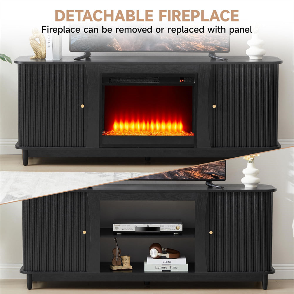 Black entertainment console with detachable fireplace feature, displaying TV and decor items.