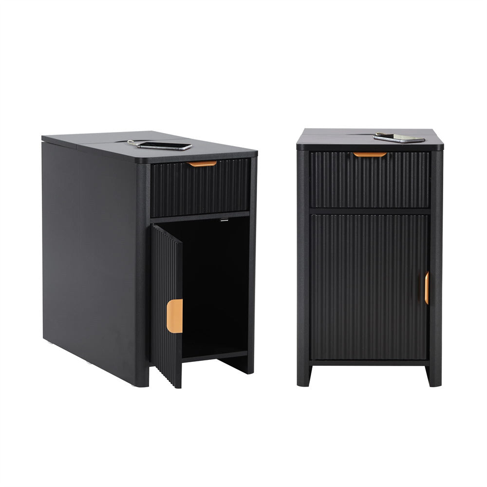 Black Fluted Small Night Stand Narrow End Table with Charging Station and USB Ports