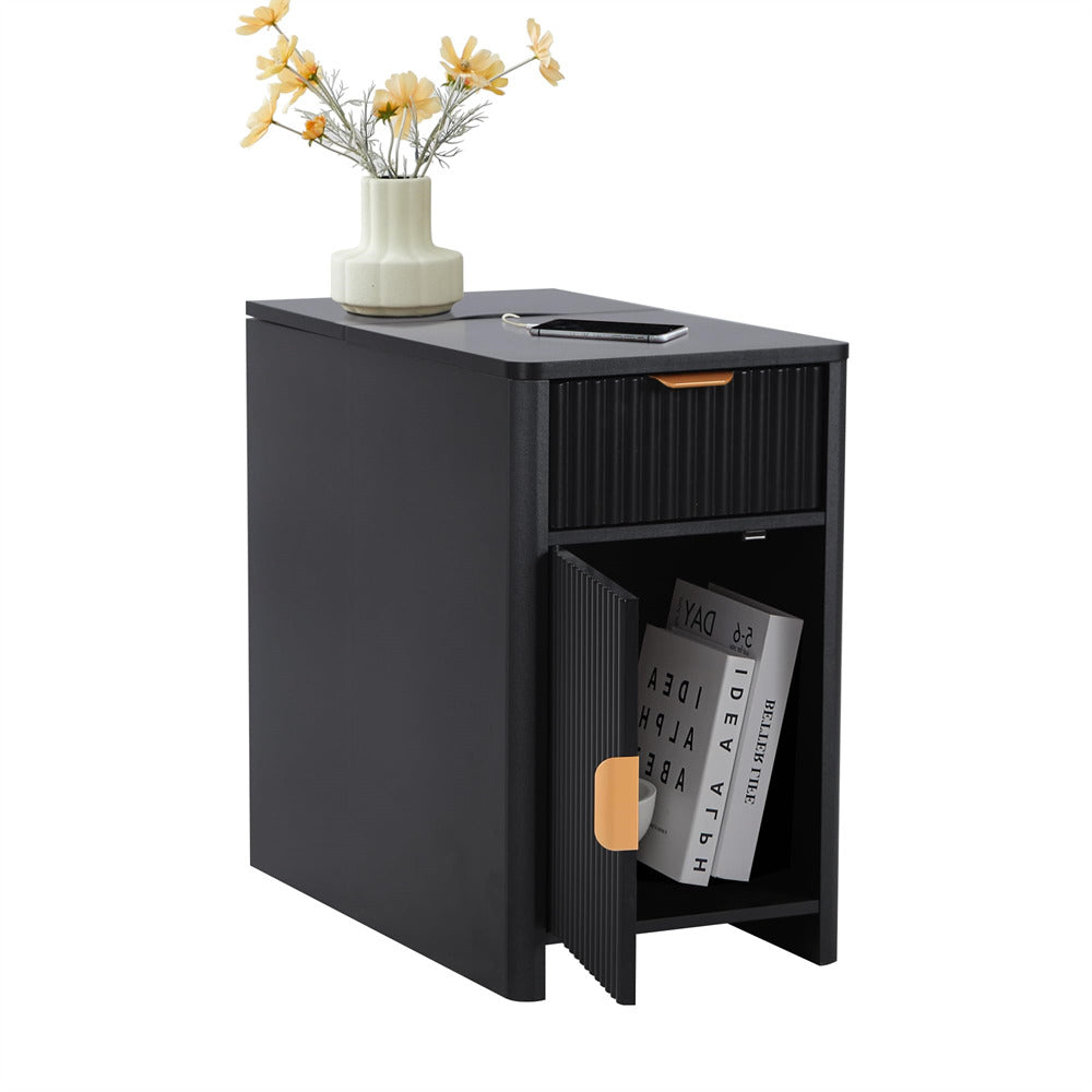 Black Fluted Small Night Stand Narrow End Table with Charging Station and USB Ports