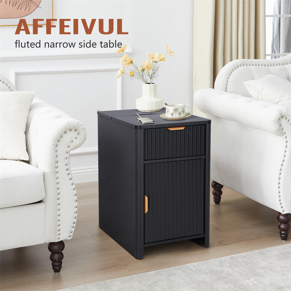 Black Fluted Small Night Stand Narrow End Table with Charging Station and USB Ports
