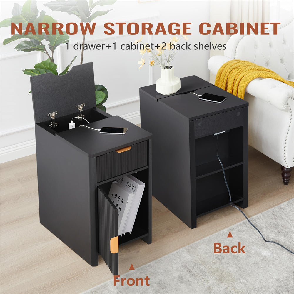 Black Fluted Small Night Stand Narrow End Table with Charging Station and USB Ports