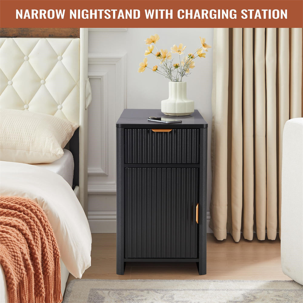 Black Fluted Small Night Stand Narrow End Table with Charging Station and USB Ports