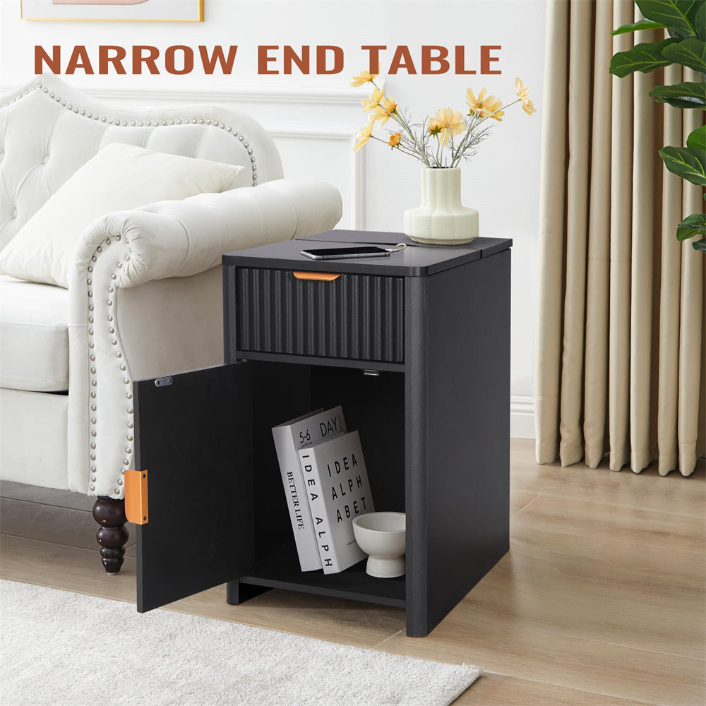 Black Fluted Small Night Stand Narrow End Table with Charging Station and USB Ports