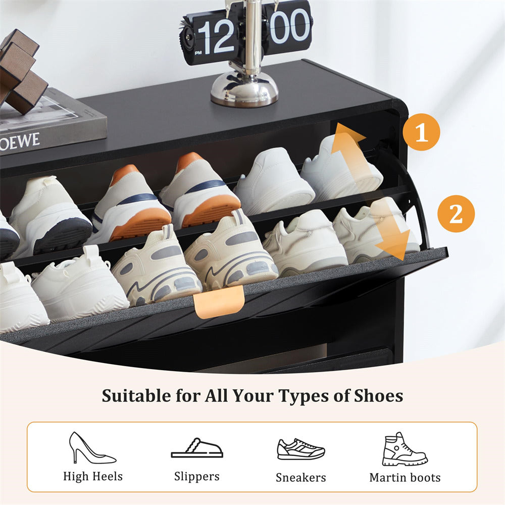 Black shoe rack with shoes on a white background