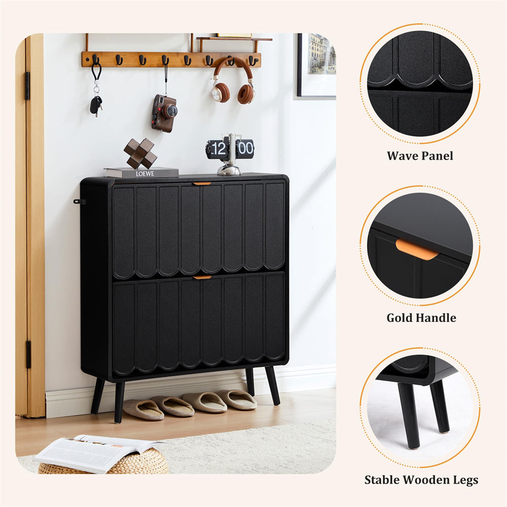 Black shoe cabinet with wave panel design, gold handle, and stable wooden legs in a room setting.