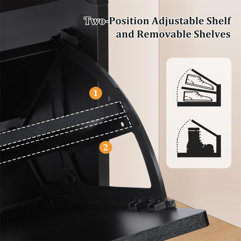 Two-position adjustable shelf with removable shelves on a black background